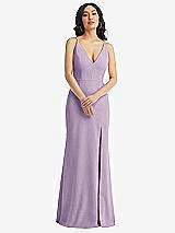 Front View Thumbnail - Pale Purple Skinny Strap Deep V-Neck Crepe Trumpet Gown with Front Slit