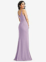 Rear View Thumbnail - Pale Purple Skinny Strap Deep V-Neck Crepe Trumpet Gown with Front Slit