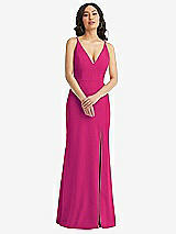 Front View Thumbnail - Think Pink Skinny Strap Deep V-Neck Crepe Trumpet Gown with Front Slit