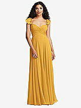 Rear View Thumbnail - NYC Yellow Shirred Cross Bodice Lace Up Open-Back Maxi Dress with Flutter Sleeves