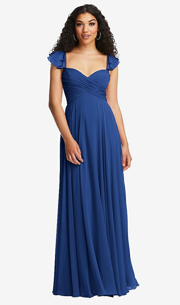 Back View - Classic Blue Shirred Cross Bodice Lace Up Open-Back Maxi Dress with Flutter Sleeves