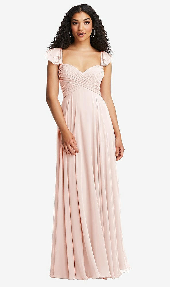 Back View - Blush Shirred Cross Bodice Lace Up Open-Back Maxi Dress with Flutter Sleeves