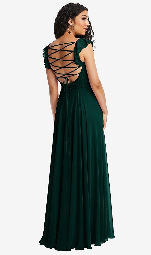 Front View - Evergreen Shirred Cross Bodice Lace Up Open-Back Maxi Dress with Flutter Sleeves