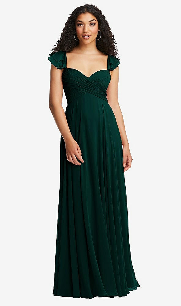 Back View - Evergreen Shirred Cross Bodice Lace Up Open-Back Maxi Dress with Flutter Sleeves