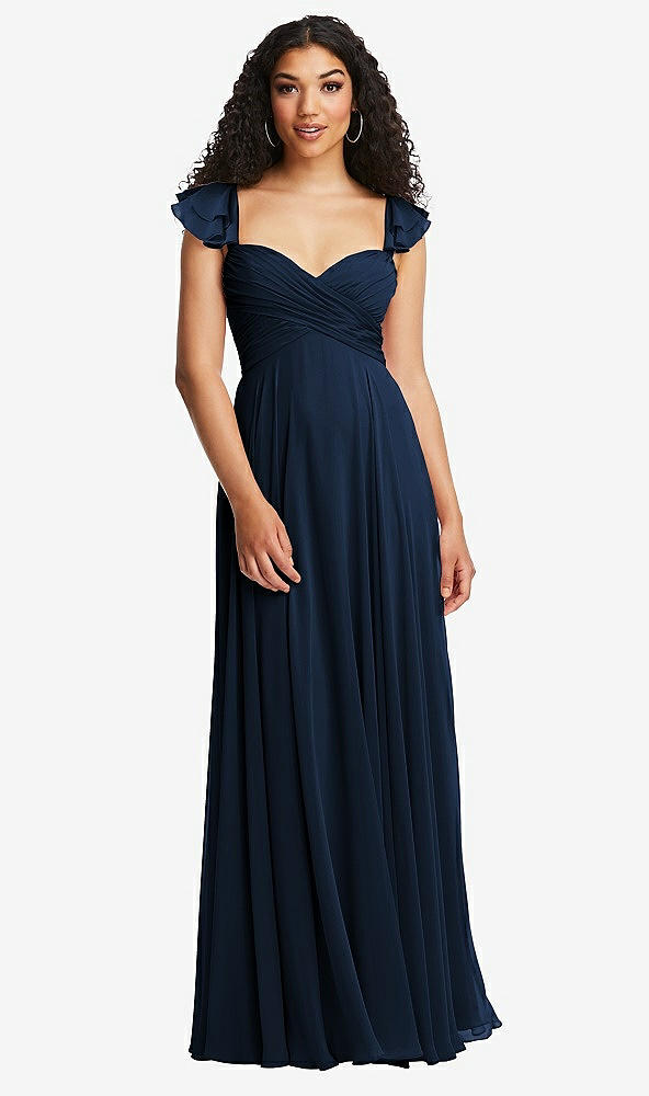 Back View - Midnight Navy Shirred Cross Bodice Lace Up Open-Back Maxi Dress with Flutter Sleeves