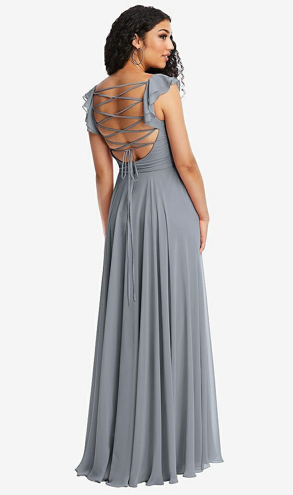 Front View - Platinum Shirred Cross Bodice Lace Up Open-Back Maxi Dress with Flutter Sleeves
