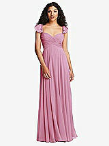 Rear View Thumbnail - Powder Pink Shirred Cross Bodice Lace Up Open-Back Maxi Dress with Flutter Sleeves