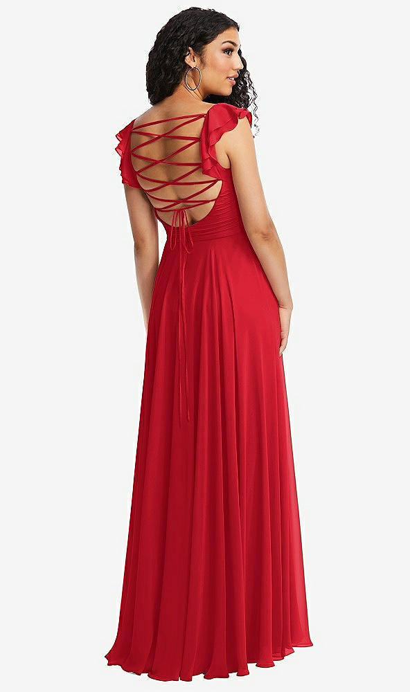 Front View - Parisian Red Shirred Cross Bodice Lace Up Open-Back Maxi Dress with Flutter Sleeves
