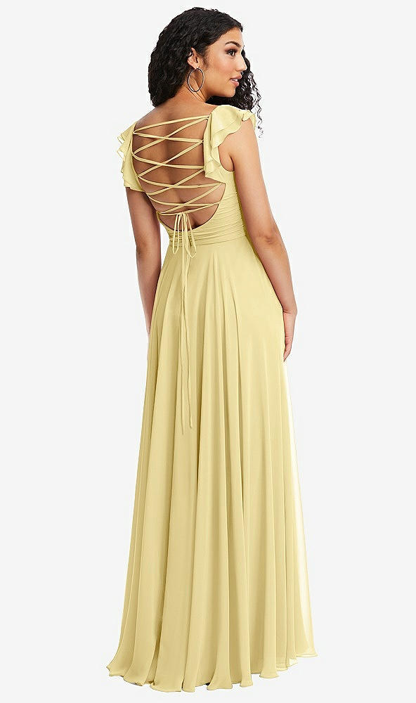 Front View - Pale Yellow Shirred Cross Bodice Lace Up Open-Back Maxi Dress with Flutter Sleeves