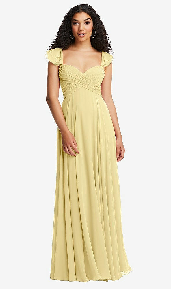 Back View - Pale Yellow Shirred Cross Bodice Lace Up Open-Back Maxi Dress with Flutter Sleeves