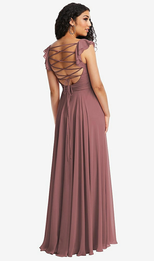 Front View - Rosewood Shirred Cross Bodice Lace Up Open-Back Maxi Dress with Flutter Sleeves