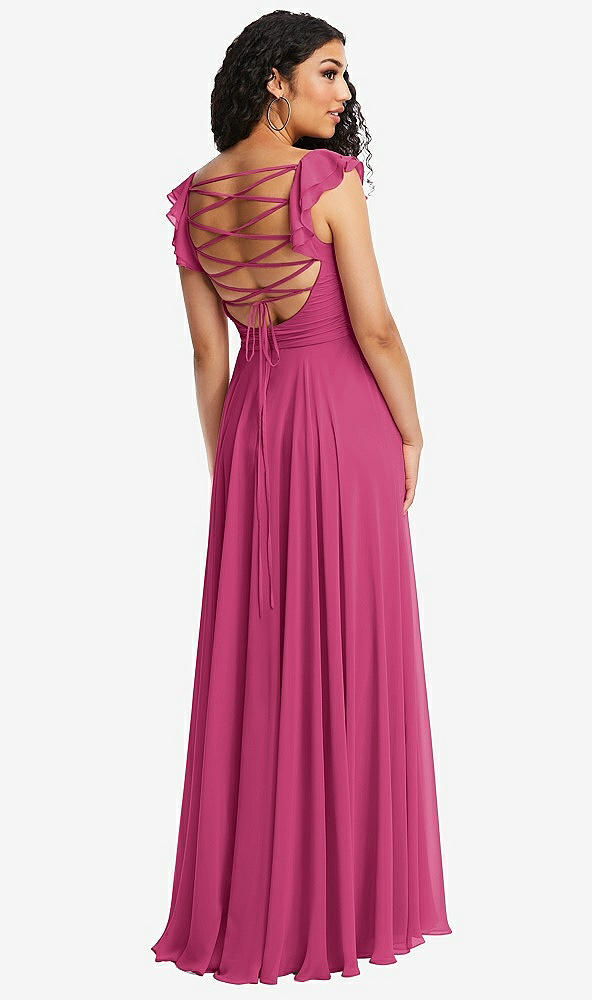 Front View - Tea Rose Shirred Cross Bodice Lace Up Open-Back Maxi Dress with Flutter Sleeves