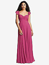 Rear View Thumbnail - Tea Rose Shirred Cross Bodice Lace Up Open-Back Maxi Dress with Flutter Sleeves