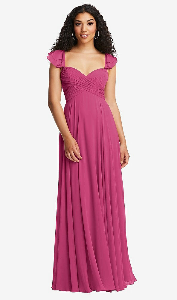 Back View - Tea Rose Shirred Cross Bodice Lace Up Open-Back Maxi Dress with Flutter Sleeves
