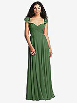 Rear View Thumbnail - Vineyard Green Shirred Cross Bodice Lace Up Open-Back Maxi Dress with Flutter Sleeves