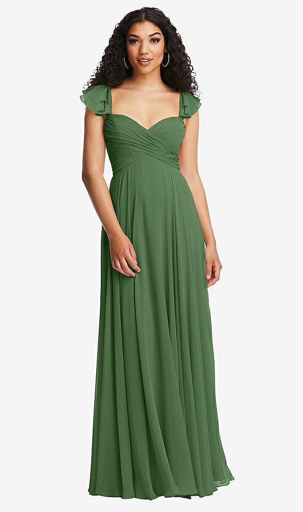 Back View - Vineyard Green Shirred Cross Bodice Lace Up Open-Back Maxi Dress with Flutter Sleeves