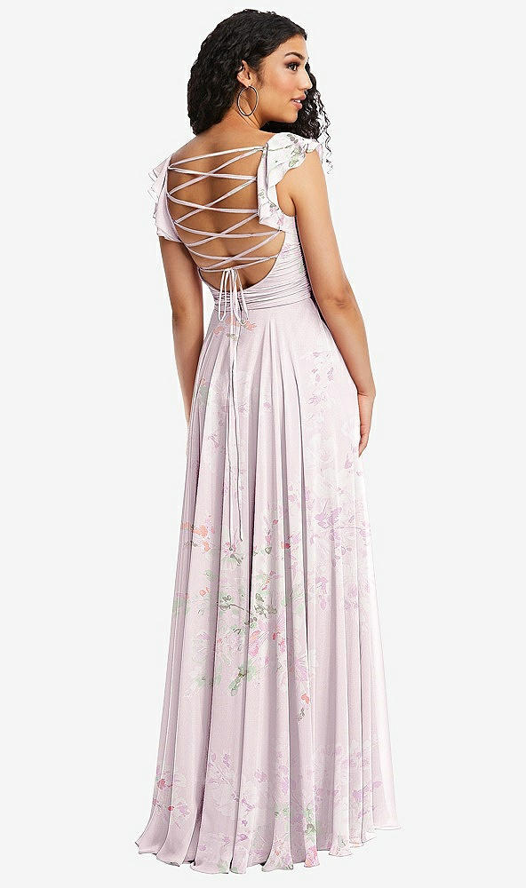 Front View - Watercolor Print Shirred Cross Bodice Lace Up Open-Back Maxi Dress with Flutter Sleeves