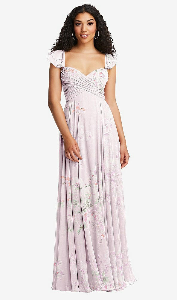 Back View - Watercolor Print Shirred Cross Bodice Lace Up Open-Back Maxi Dress with Flutter Sleeves