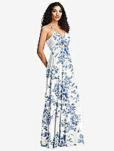 Side View Thumbnail - Cottage Rose Dusk Blue Drawstring Bodice Gathered Tie Open-Back Maxi Dress with Tiered Skirt