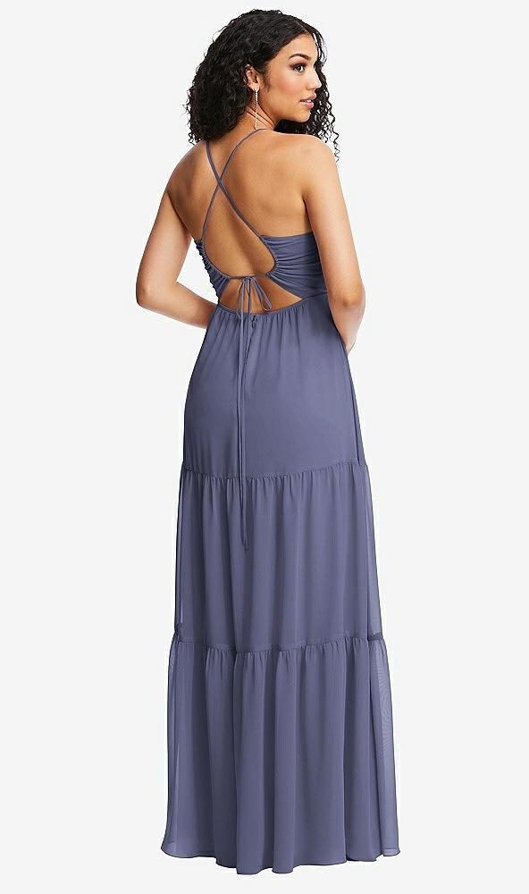 Back View - French Blue Drawstring Bodice Gathered Tie Open-Back Maxi Dress with Tiered Skirt