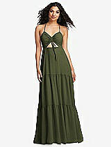 Alt View 2 Thumbnail - Olive Green Drawstring Bodice Gathered Tie Open-Back Maxi Dress with Tiered Skirt