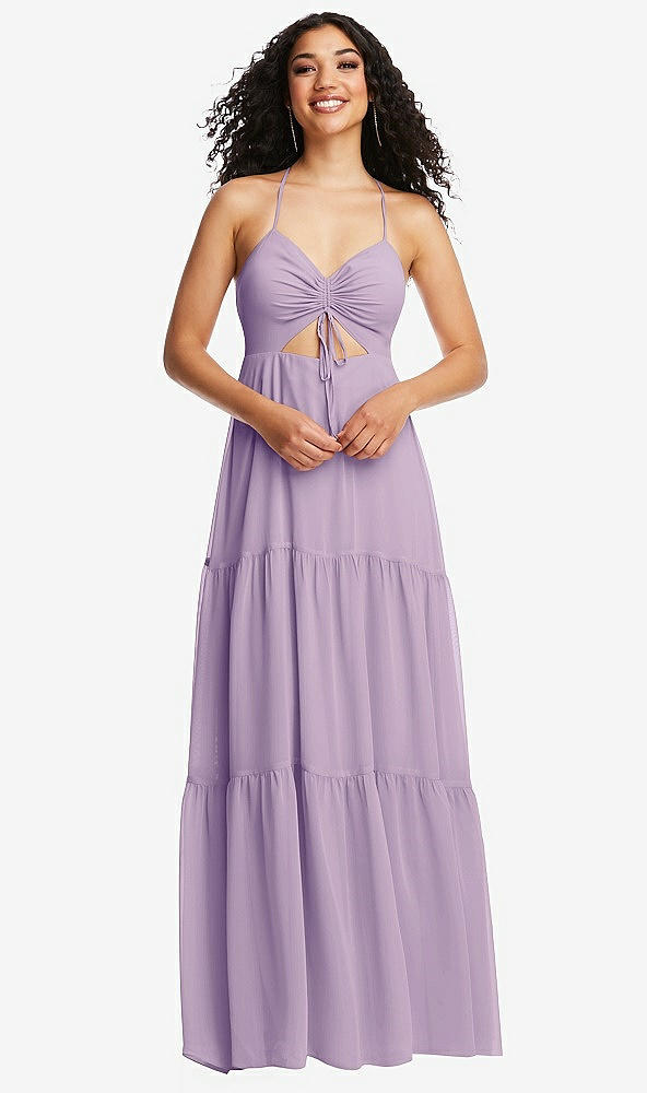 Front View - Pale Purple Drawstring Bodice Gathered Tie Open-Back Maxi Dress with Tiered Skirt