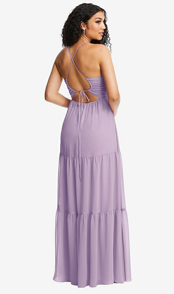 Back View - Pale Purple Drawstring Bodice Gathered Tie Open-Back Maxi Dress with Tiered Skirt