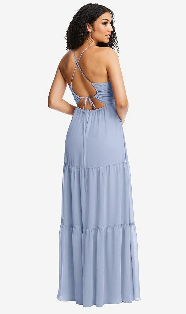 Back View - Sky Blue Drawstring Bodice Gathered Tie Open-Back Maxi Dress with Tiered Skirt