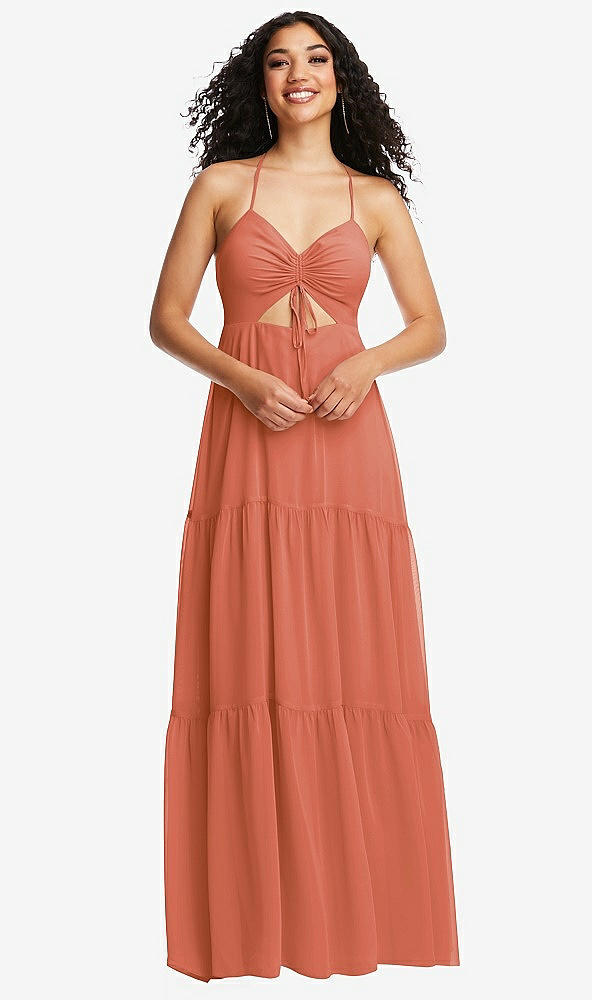 Front View - Terracotta Copper Drawstring Bodice Gathered Tie Open-Back Maxi Dress with Tiered Skirt