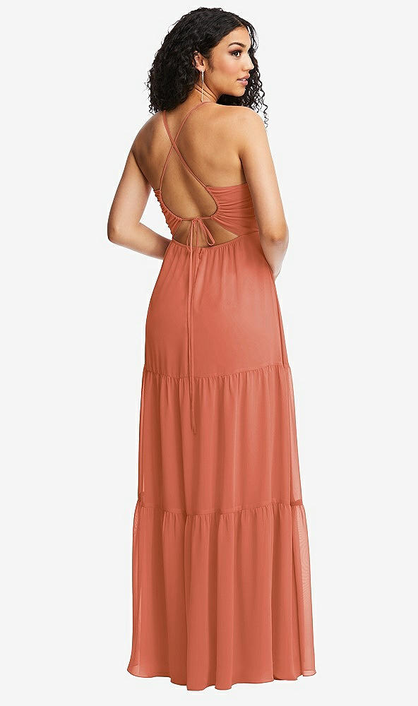 Back View - Terracotta Copper Drawstring Bodice Gathered Tie Open-Back Maxi Dress with Tiered Skirt