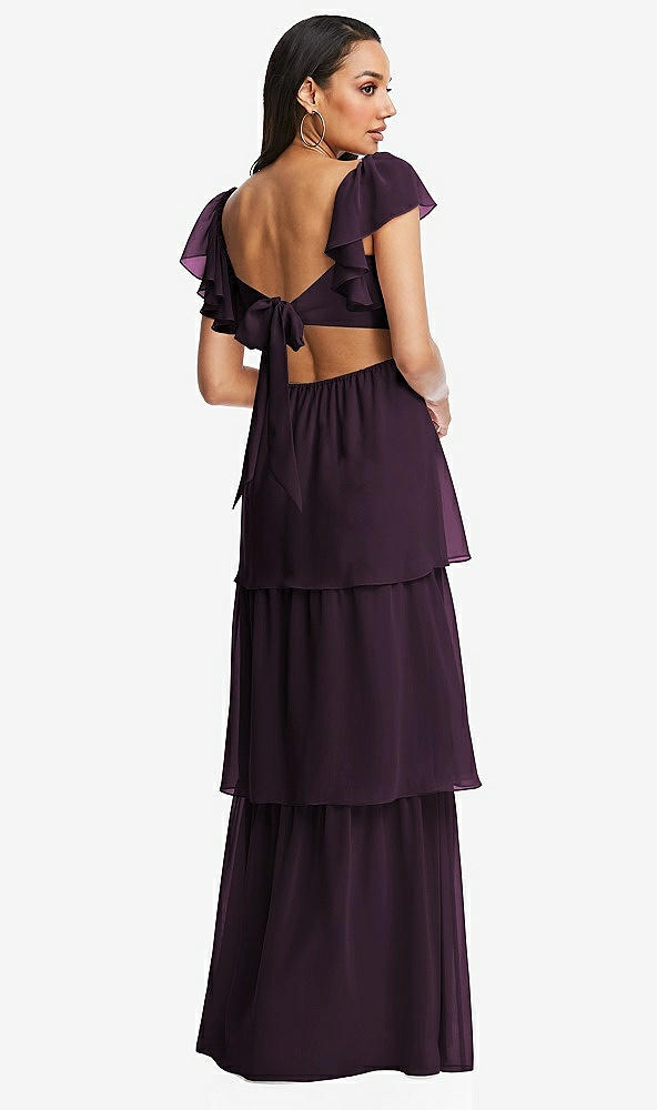 Back View - Aubergine Flutter Sleeve Cutout Tie-Back Maxi Dress with Tiered Ruffle Skirt