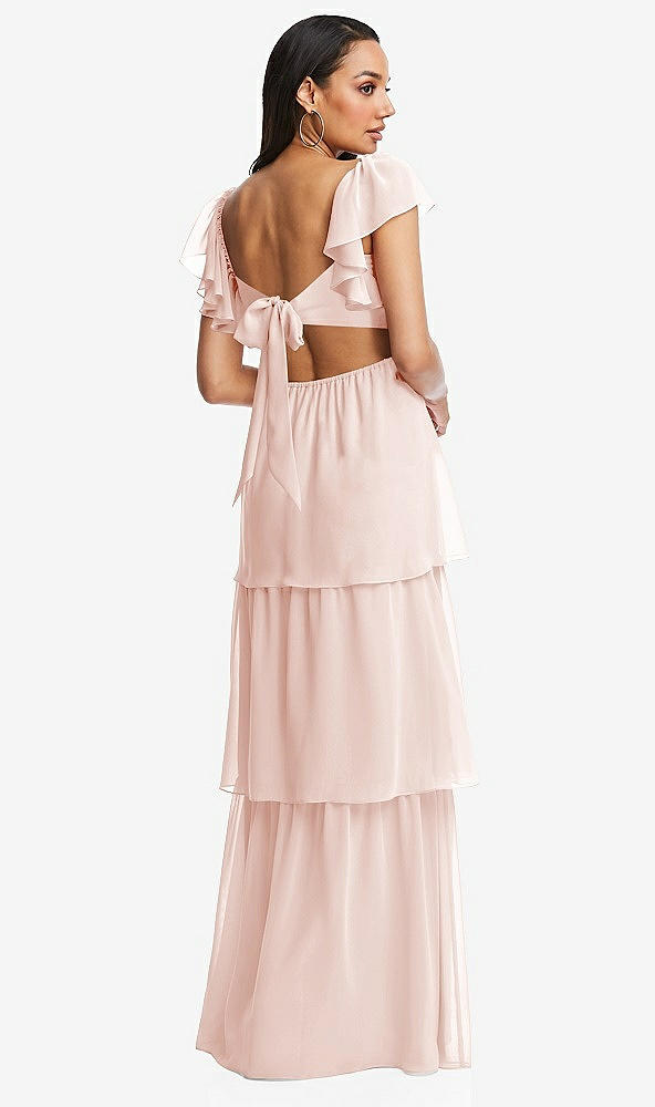 Back View - Blush Flutter Sleeve Cutout Tie-Back Maxi Dress with Tiered Ruffle Skirt