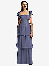 Front View Thumbnail - French Blue Flutter Sleeve Cutout Tie-Back Maxi Dress with Tiered Ruffle Skirt