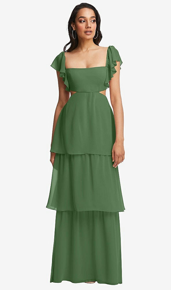 Front View - Vineyard Green Flutter Sleeve Cutout Tie-Back Maxi Dress with Tiered Ruffle Skirt
