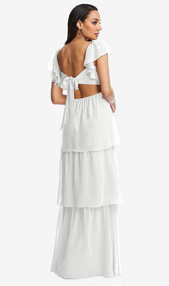 Back View - White Flutter Sleeve Cutout Tie-Back Maxi Dress with Tiered Ruffle Skirt