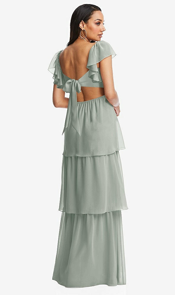 Back View - Willow Green Flutter Sleeve Cutout Tie-Back Maxi Dress with Tiered Ruffle Skirt