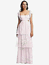 Front View Thumbnail - Watercolor Print Flutter Sleeve Cutout Tie-Back Maxi Dress with Tiered Ruffle Skirt