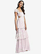 Side View Thumbnail - Watercolor Print Flutter Sleeve Cutout Tie-Back Maxi Dress with Tiered Ruffle Skirt