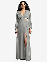 Front View Thumbnail - Chelsea Gray Long Puff Sleeve Cutout Waist Chiffon Maxi Dress 