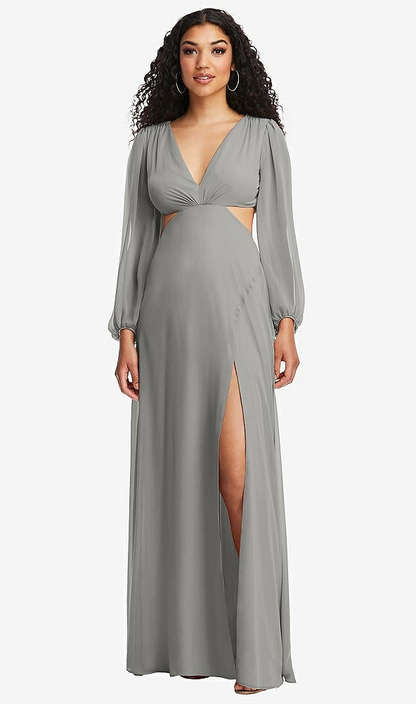 Front View - Chelsea Gray Long Puff Sleeve Cutout Waist Chiffon Maxi Dress 