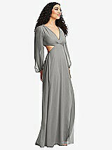 Side View Thumbnail - Chelsea Gray Long Puff Sleeve Cutout Waist Chiffon Maxi Dress 
