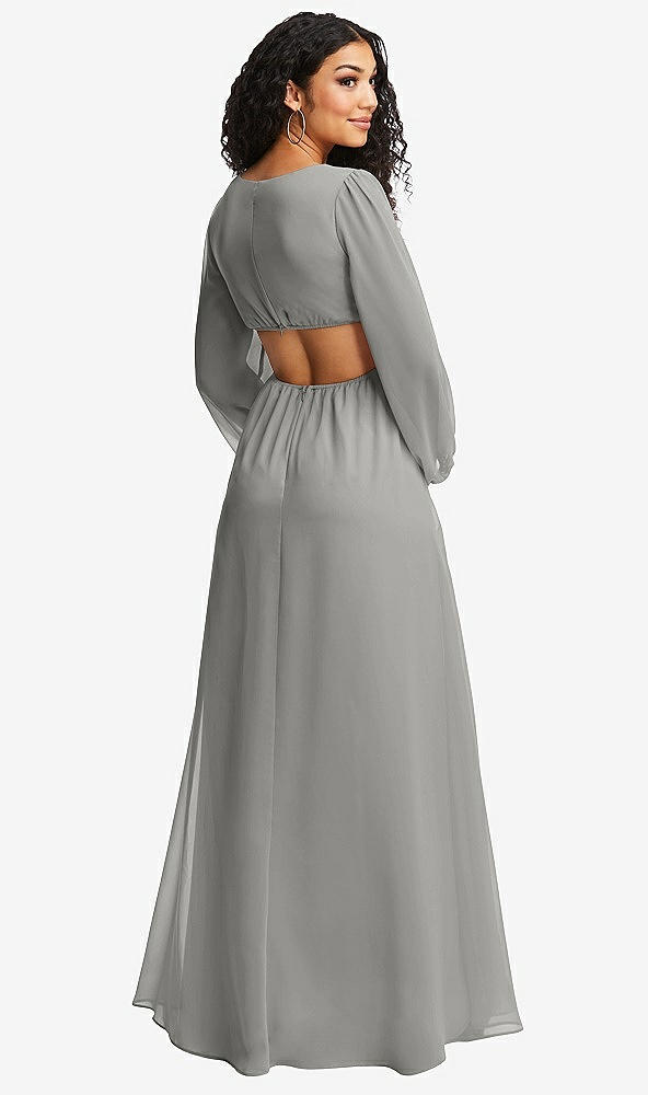 Back View - Chelsea Gray Long Puff Sleeve Cutout Waist Chiffon Maxi Dress 