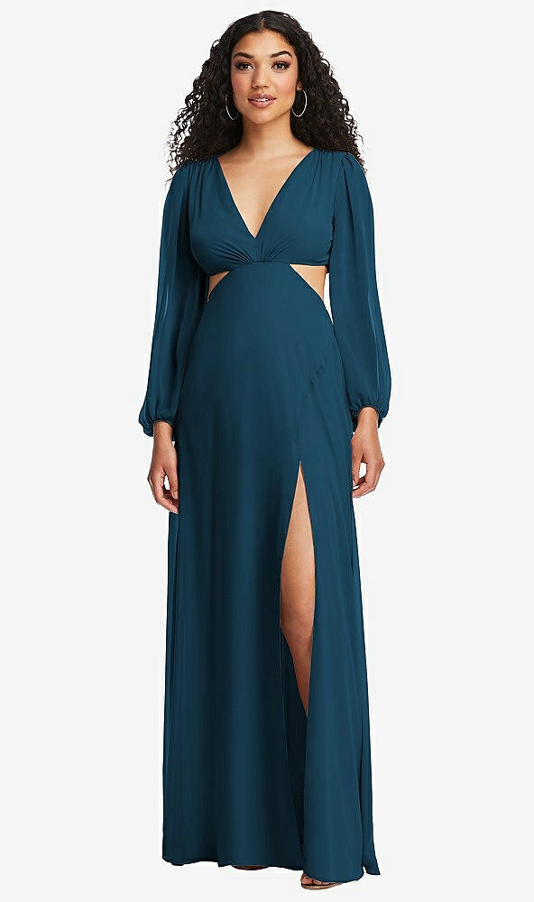Front View - Atlantic Blue Long Puff Sleeve Cutout Waist Chiffon Maxi Dress 