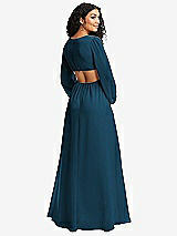 Rear View Thumbnail - Atlantic Blue Long Puff Sleeve Cutout Waist Chiffon Maxi Dress 
