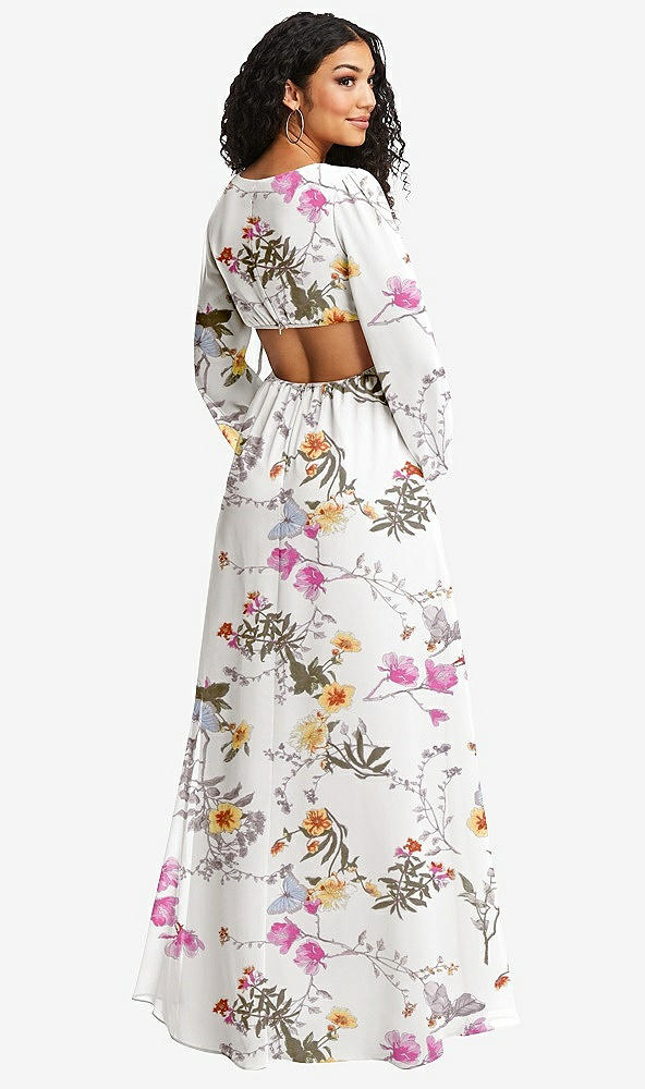 Back View - Butterfly Botanica Ivory Long Puff Sleeve Cutout Waist Chiffon Maxi Dress 
