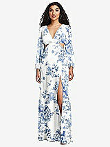 Front View Thumbnail - Cottage Rose Dusk Blue Long Puff Sleeve Cutout Waist Chiffon Maxi Dress 