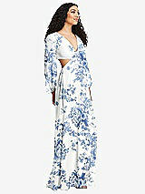 Side View Thumbnail - Cottage Rose Dusk Blue Long Puff Sleeve Cutout Waist Chiffon Maxi Dress 