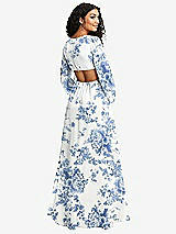 Rear View Thumbnail - Cottage Rose Dusk Blue Long Puff Sleeve Cutout Waist Chiffon Maxi Dress 