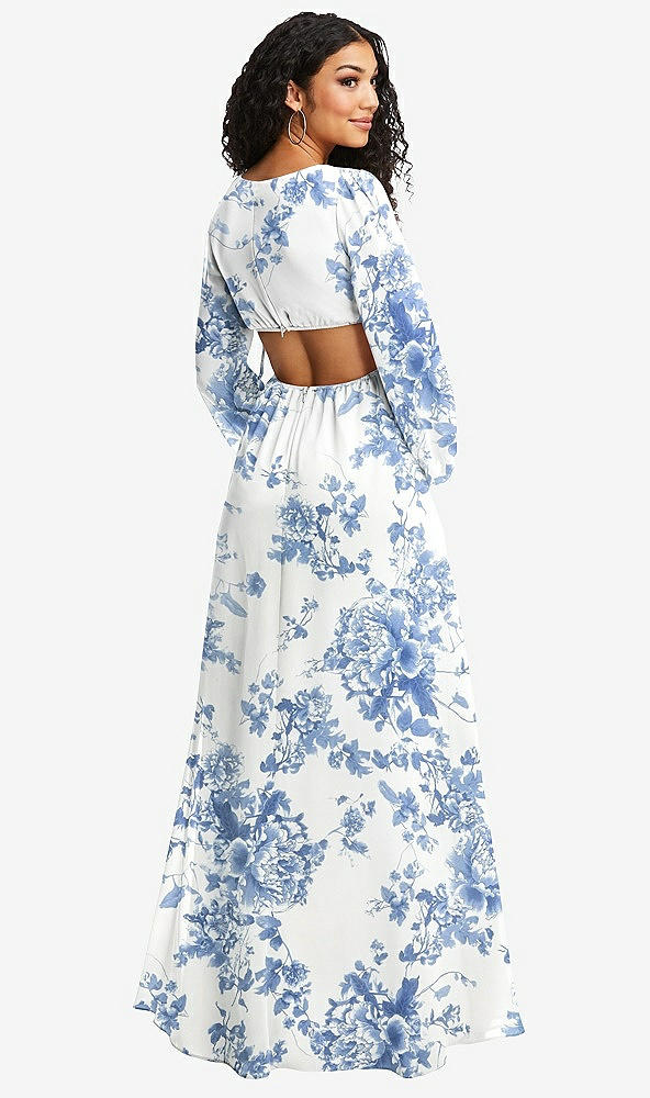 Back View - Cottage Rose Dusk Blue Long Puff Sleeve Cutout Waist Chiffon Maxi Dress 