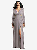 Front View Thumbnail - Cashmere Gray Long Puff Sleeve Cutout Waist Chiffon Maxi Dress 